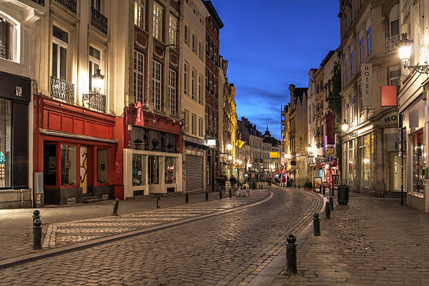 A winding street in downtown Brussels, Belgium at night.