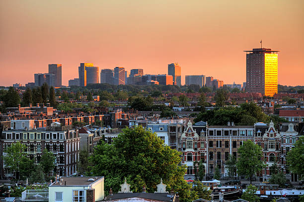 Skyline of teh skyscrapers of Amsterdam south district at sunset